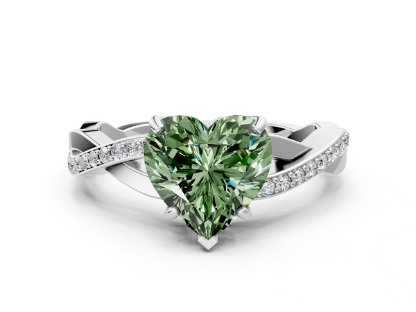 White gold Fancy Green Heart  Cut Diamond Twisted Band Engagement Ring with Prong Setting