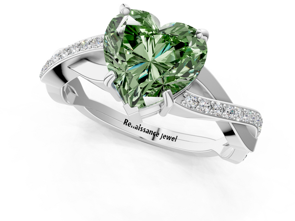 White gold Fancy Green Heart  Cut Diamond Twisted Band Engagement Ring with Prong Setting