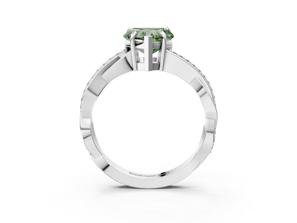 White gold Fancy Green Heart  Cut Diamond Twisted Band Engagement Ring with Prong Setting
