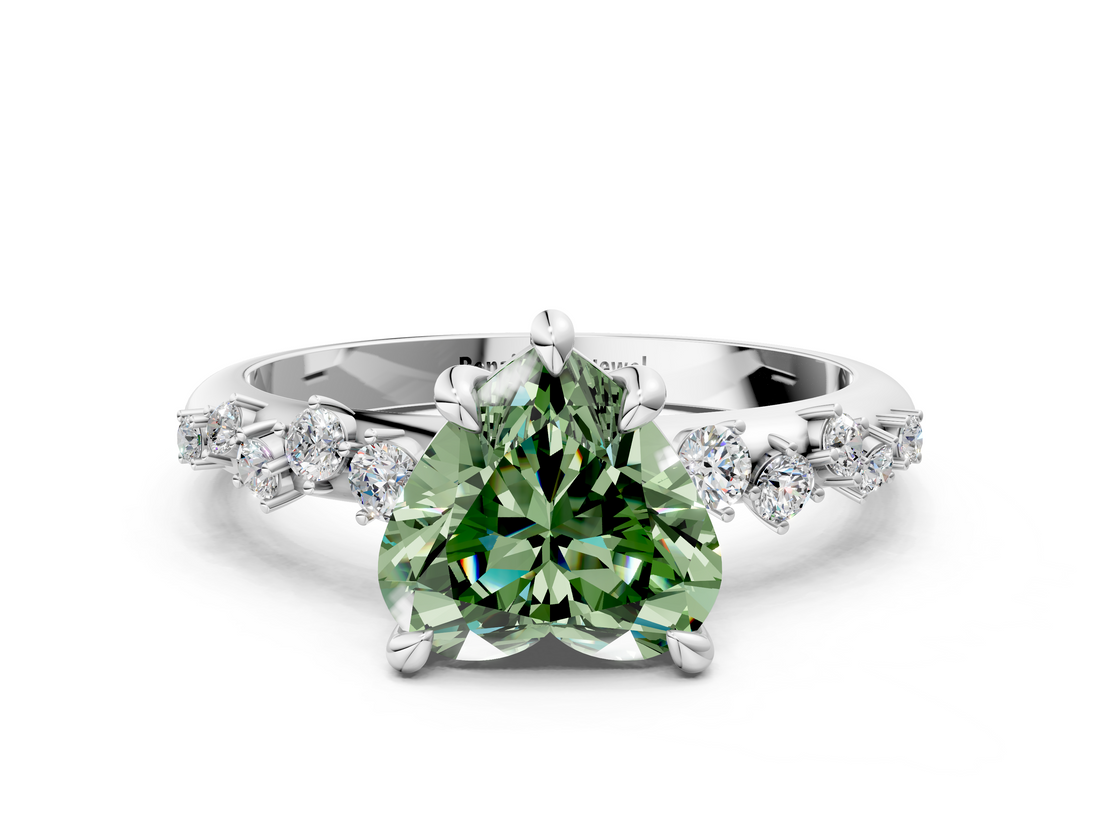 White gold Fancy Green Heart  Cut Diamond Vine Band with Four-Prong Setting