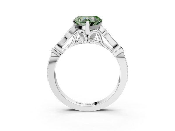 White gold Fancy Green Heart  Cut Diamond with Milgrain Marquise and Bezel Accents on a Solitaire Band with Prong Setting