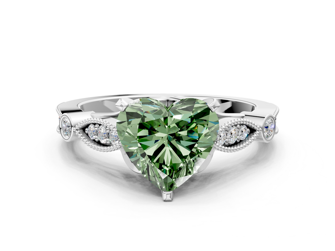 White gold Fancy Green Heart  Cut Diamond with Milgrain Marquise and Bezel Accents on a Solitaire Band with Prong Setting