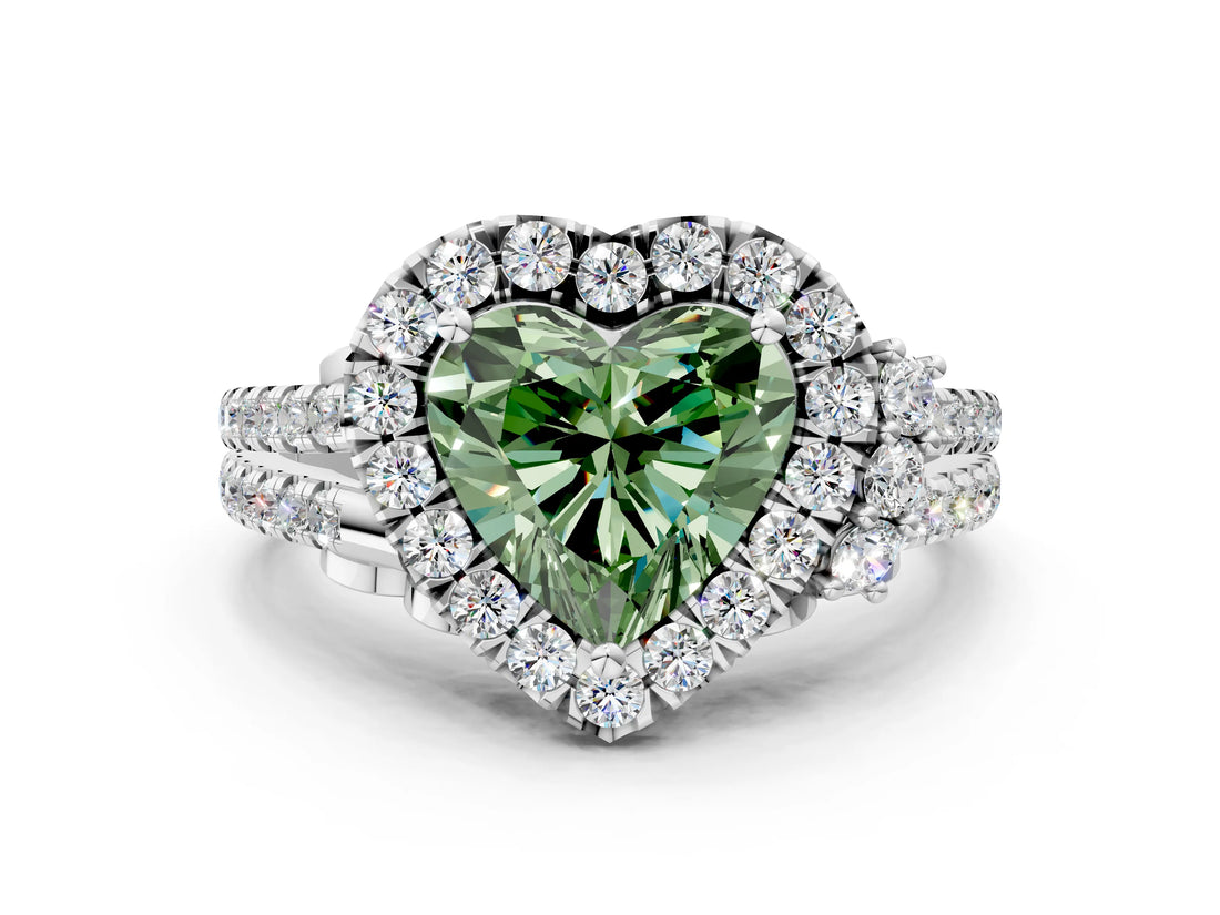 White gold Fancy Green Heart  Cut Double Halo Diamond Engagement Ring with Pave Band and Four-Prong Setting_108