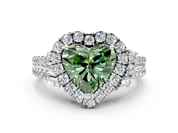 Platinum Fancy Green Heart  Cut Double Halo Diamond Engagement Ring with Pave Band and Four-Prong Setting
