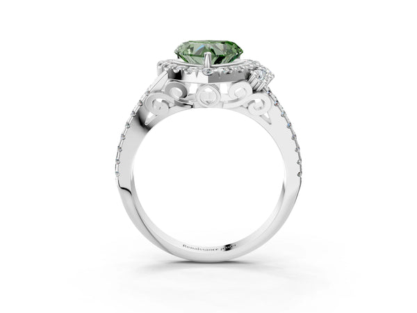 Platinum Fancy Green Heart  Cut Double Halo Diamond Engagement Ring with Pave Band and Four-Prong Setting