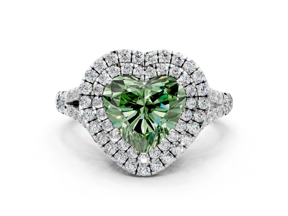 White gold Fancy Green Heart  Cut Double Halo Split Shank Diamond Ring with Prong Setting_30