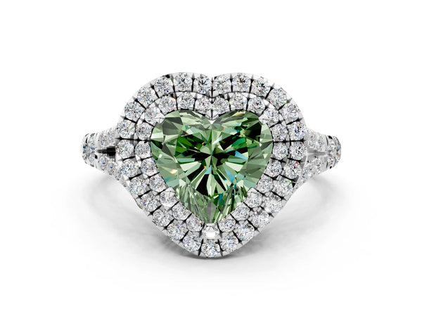 White gold Fancy Green Heart  Cut Double Halo Split Shank Diamond Ring with Prong Setting