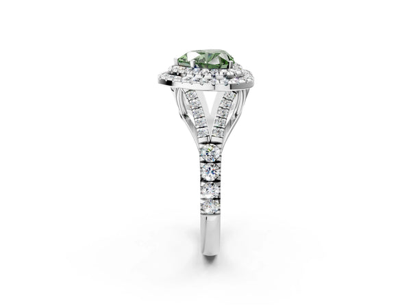 White gold Fancy Green Heart  Cut Double Halo Split Shank Diamond Ring with Prong Setting