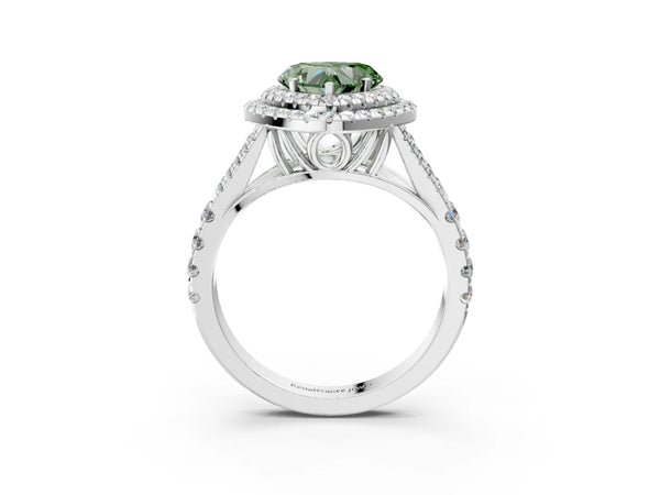 White gold Fancy Green Heart  Cut Double Halo Split Shank Diamond Ring with Prong Setting