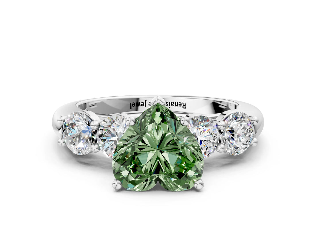 White gold Fancy Green Heart  Cut Five-Stone Prong Set Diamond Ring with Classic Band_29