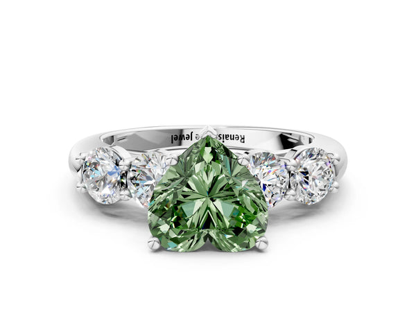White gold Fancy Green Heart  Cut Five-Stone Prong Set Diamond Ring with Classic Band