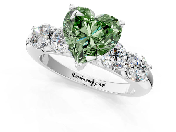 White gold Fancy Green Heart  Cut Five-Stone Prong Set Diamond Ring with Classic Band