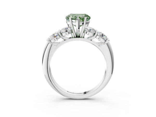 White gold Fancy Green Heart  Cut Five-Stone Prong Set Diamond Ring with Classic Band