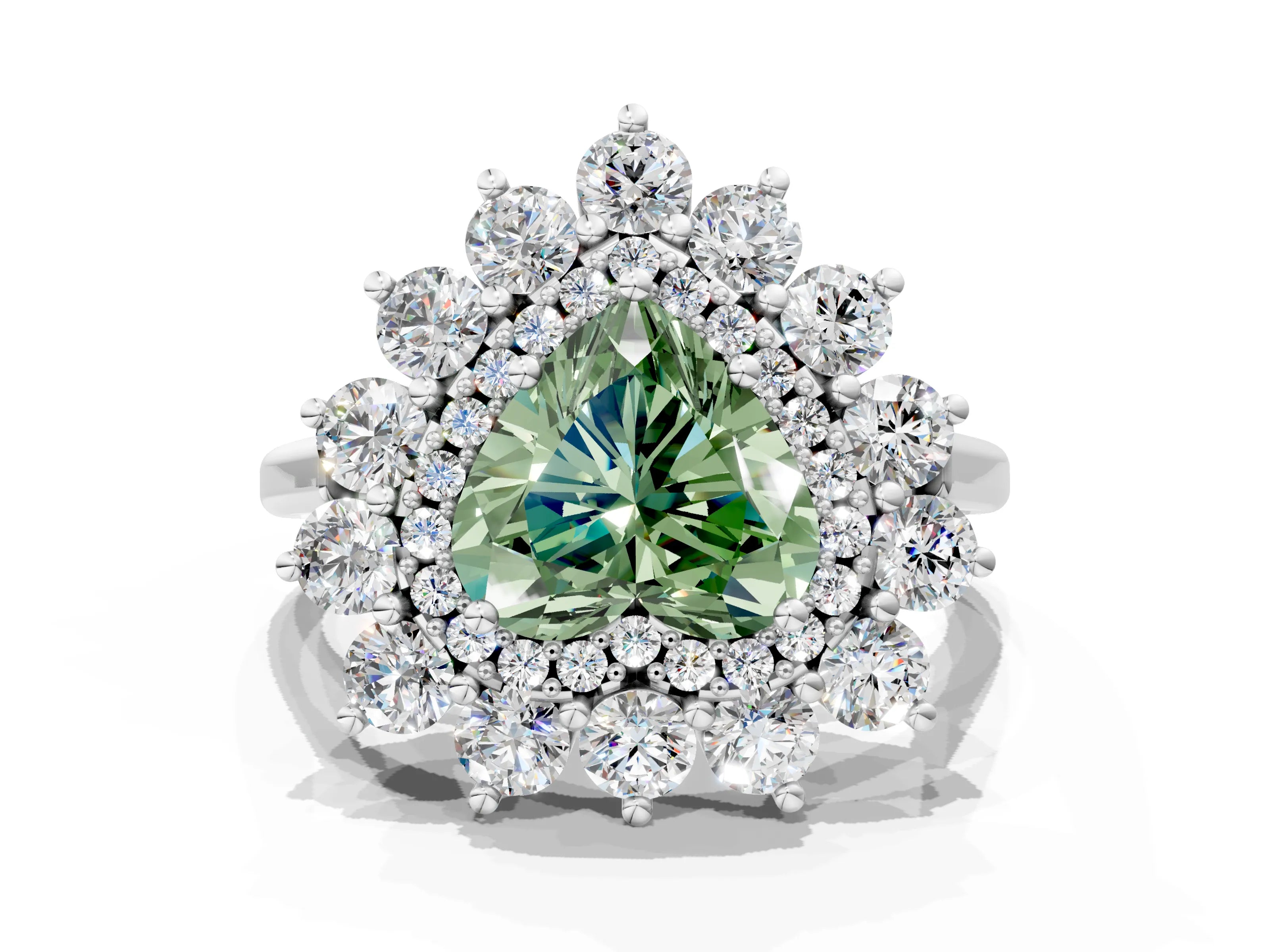 White gold Fancy Green Heart Cut Halo Cluster Diamond Ring with Pave Band and Four-Prong Setting