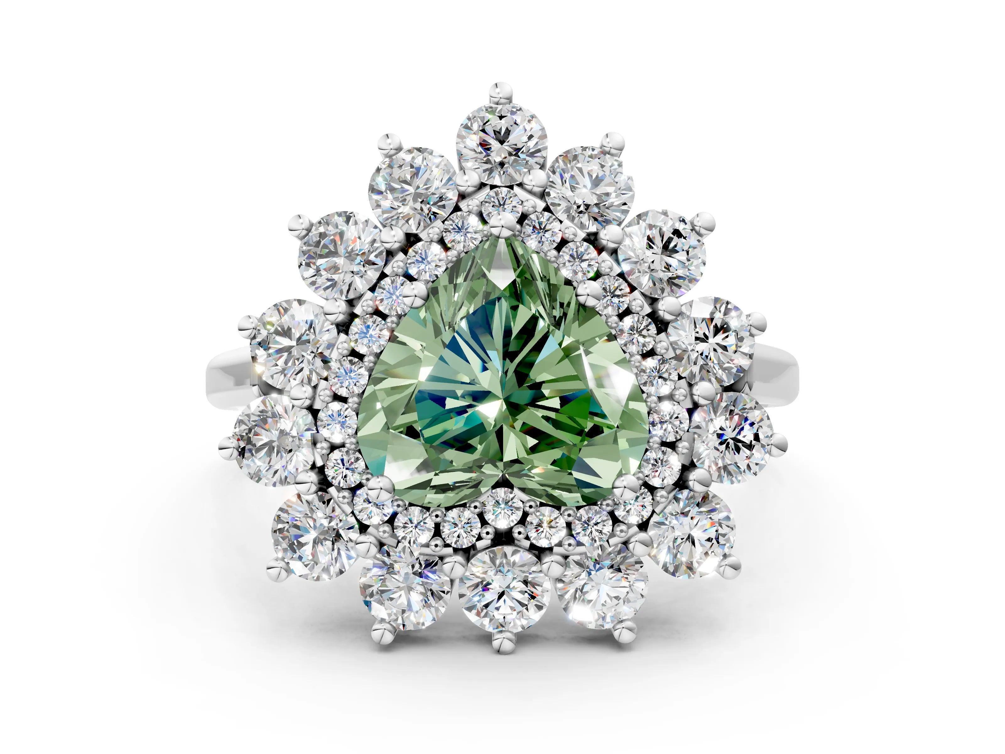 White gold Fancy Green Heart Cut Halo Cluster Diamond Ring with Pave Band and Four-Prong Setting_12