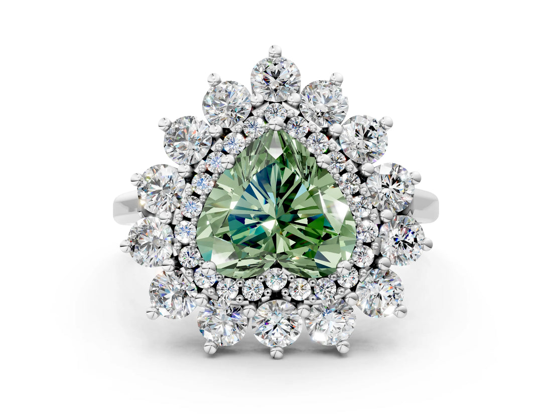 White gold Fancy Green Heart Cut Halo Cluster Diamond Ring with Pave Band and Four-Prong Setting_12