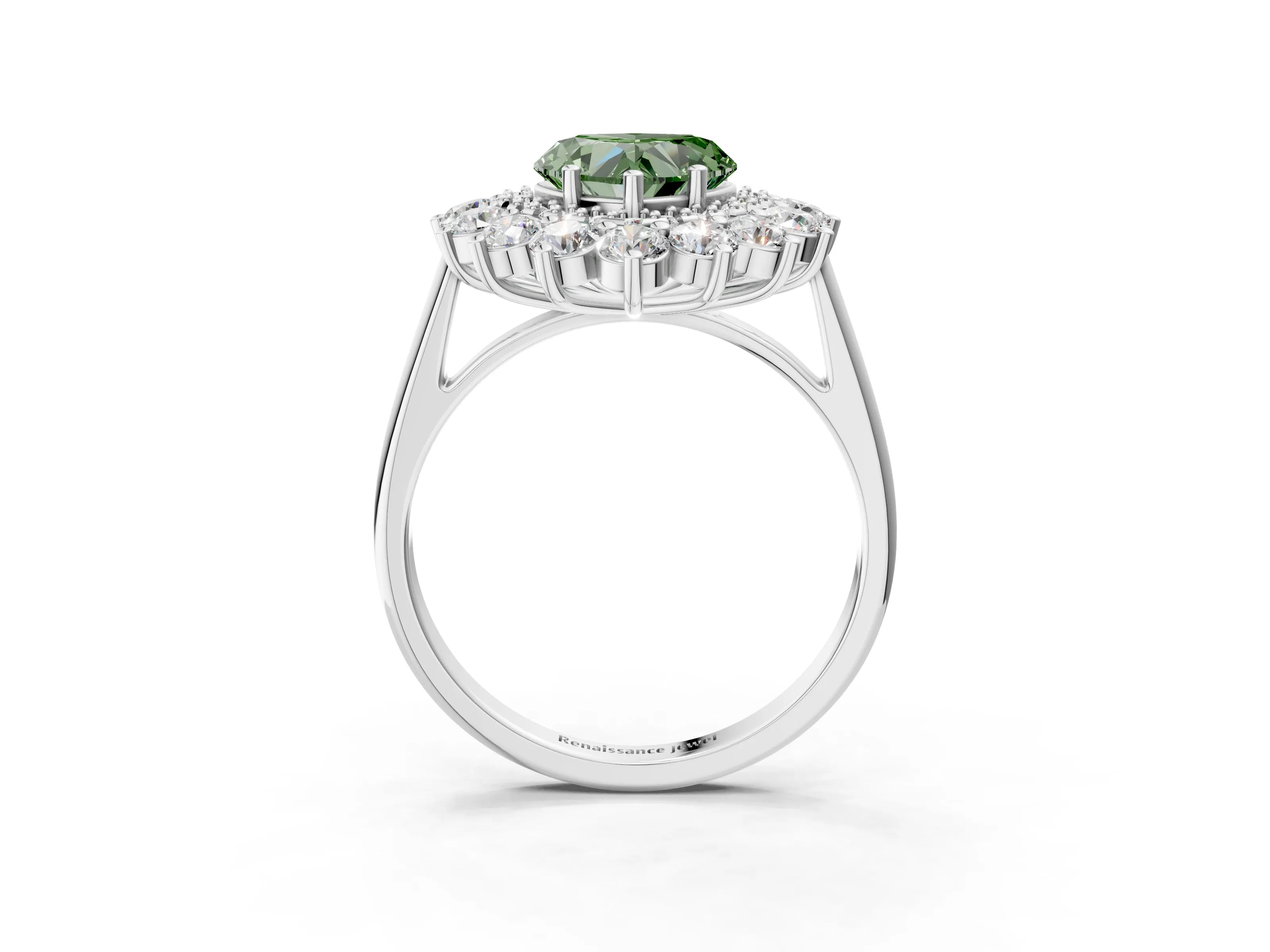 White gold Fancy Green Heart Cut Halo Cluster Diamond Ring with Pave Band and Four-Prong Setting_15