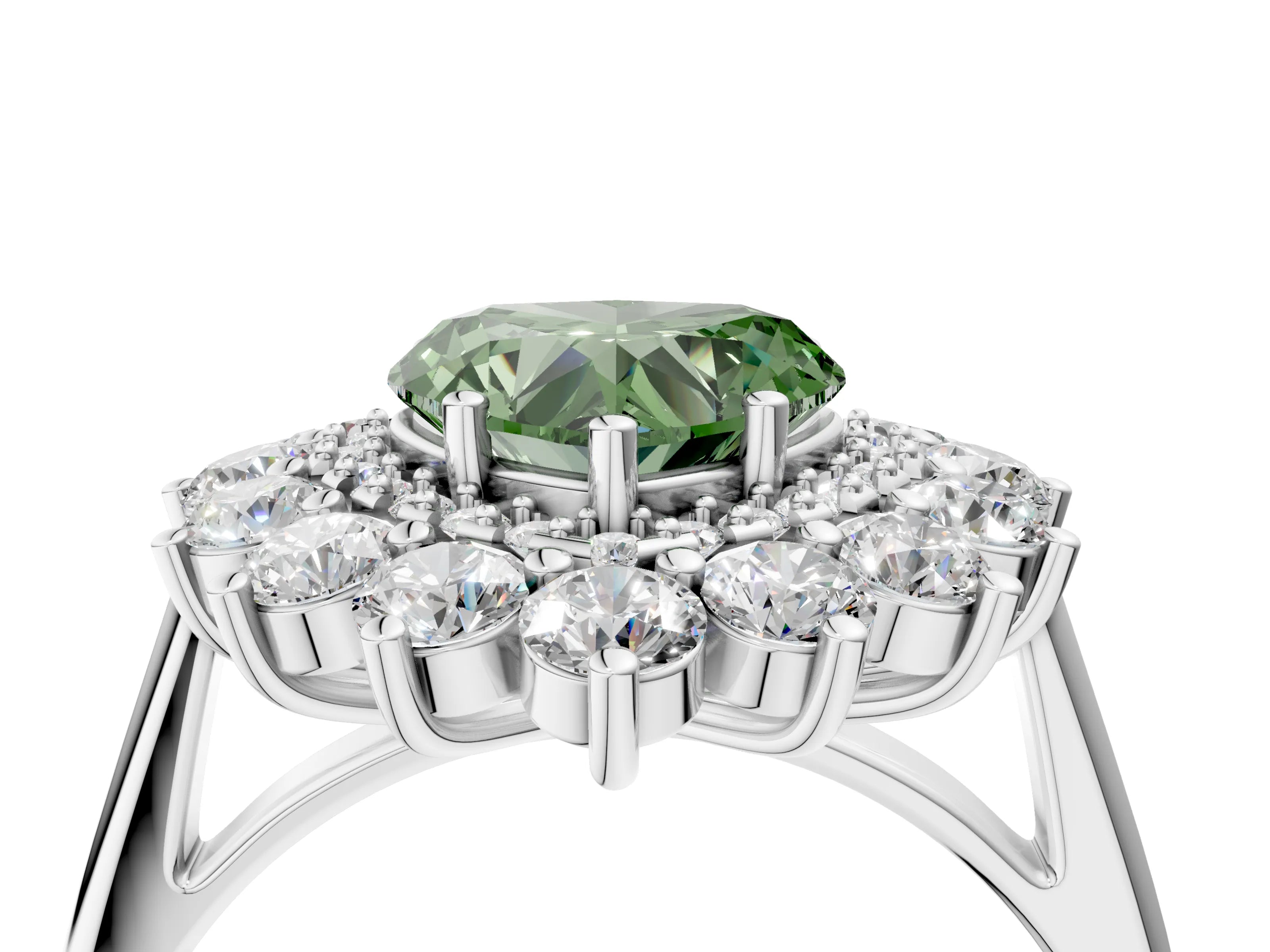 White gold Fancy Green Heart Cut Halo Cluster Diamond Ring with Pave Band and Four-Prong Setting_16