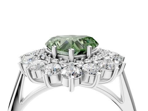 White gold Fancy Green Heart Cut Halo Cluster Diamond Ring with Pave Band and Four-Prong Setting_16