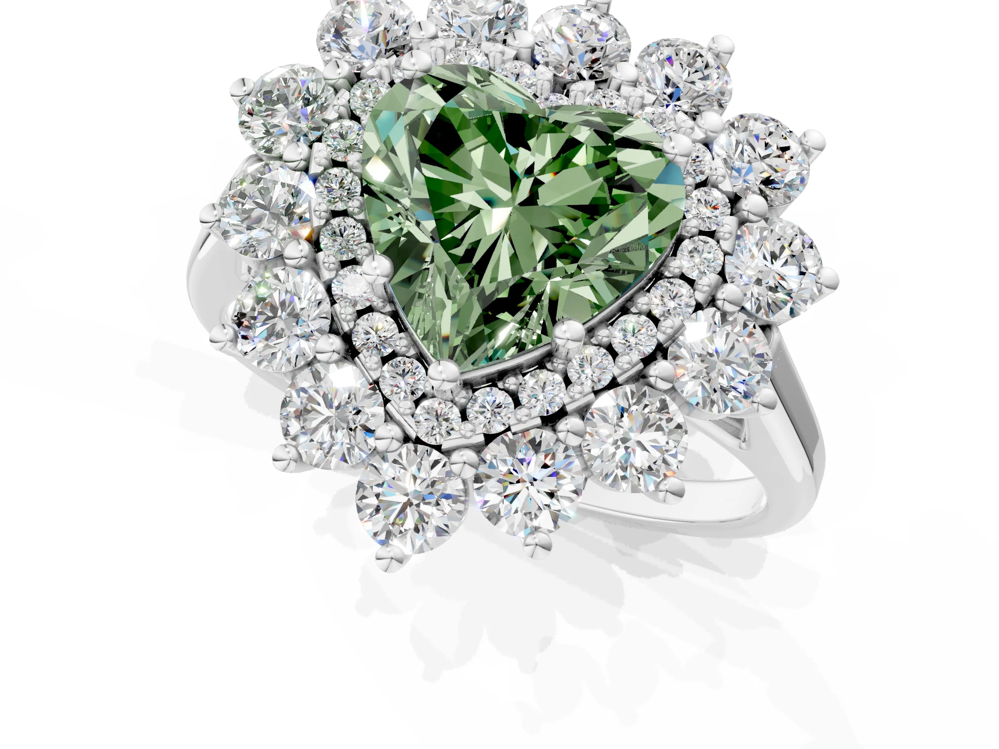 White gold Fancy Green Heart Cut Halo Cluster Diamond Ring with Pave Band and Four-Prong Setting_1