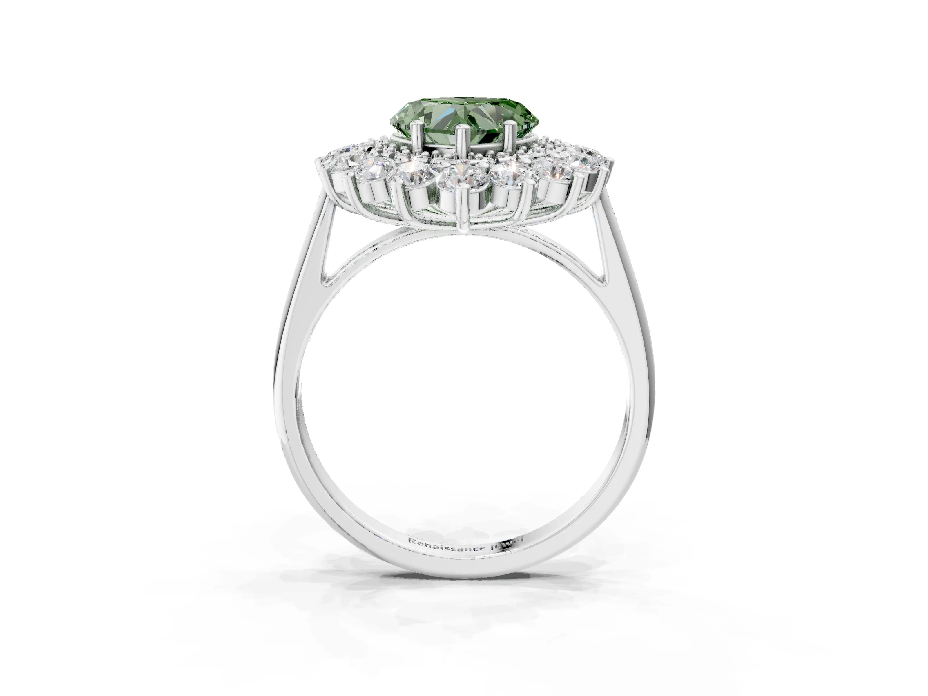 White gold Fancy Green Heart Cut Halo Cluster Diamond Ring with Pave Band and Four-Prong Setting_3