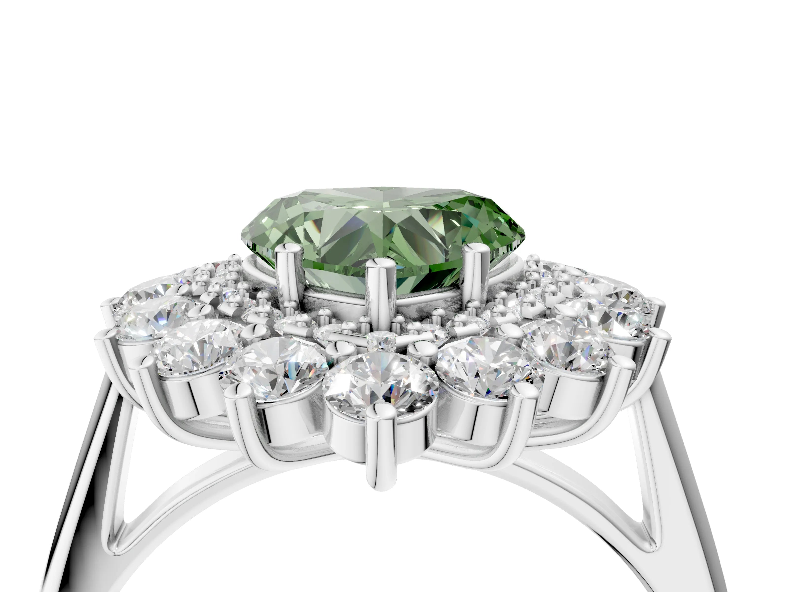 White gold Fancy Green Heart Cut Halo Cluster Diamond Ring with Pave Band and Four-Prong Setting_4