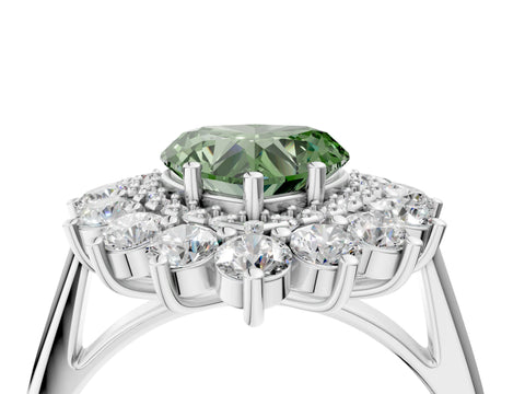 White gold Fancy Green Heart Cut Halo Cluster Diamond Ring with Pave Band and Four-Prong Setting_4