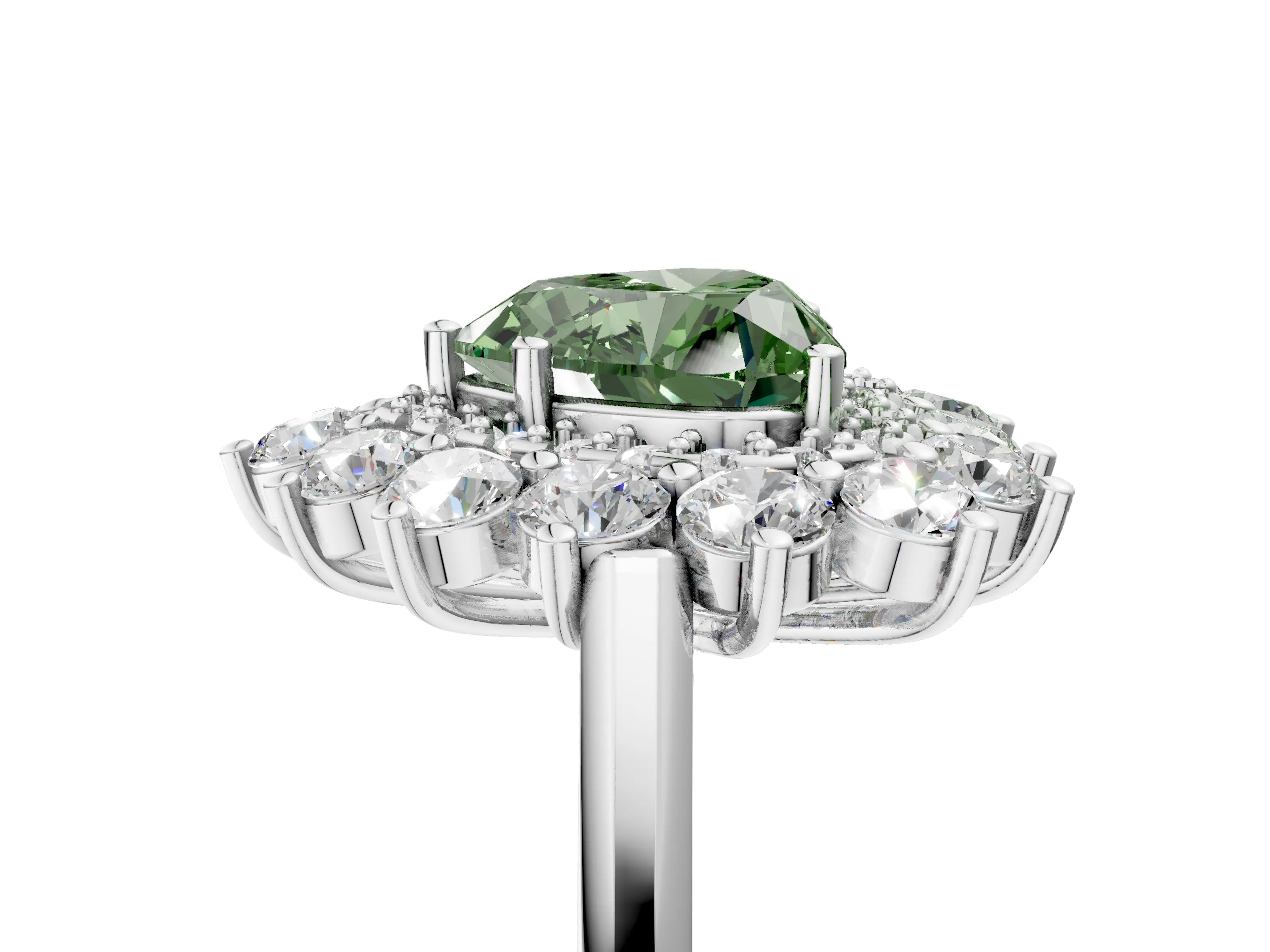 White gold Fancy Green Heart Cut Halo Cluster Diamond Ring with Pave Band and Four-Prong Setting_5