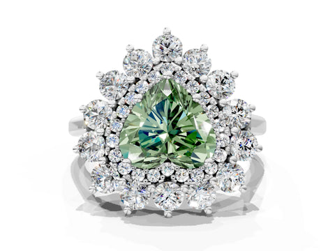 White gold Fancy Green Heart Cut Halo Cluster Diamond Ring with Pave Band and Four-Prong Setting