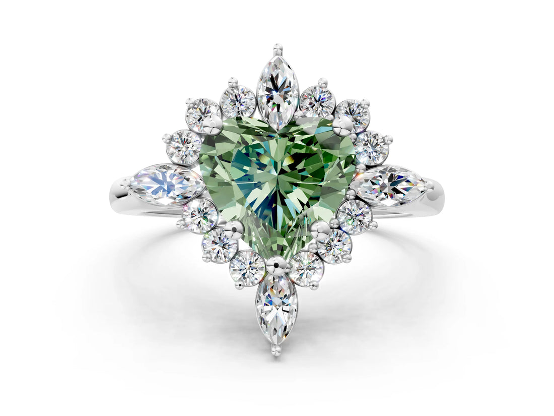 White gold Fancy Green Heart Cut Halo Diamond Cluster Ring with Marquise and Round Stones on a White Gold Band with Prong Setting