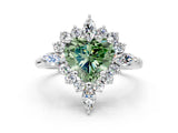 White gold Fancy Green Heart Cut Halo Diamond Cluster Ring with Marquise and Round Stones on a White Gold Band with Prong Setting