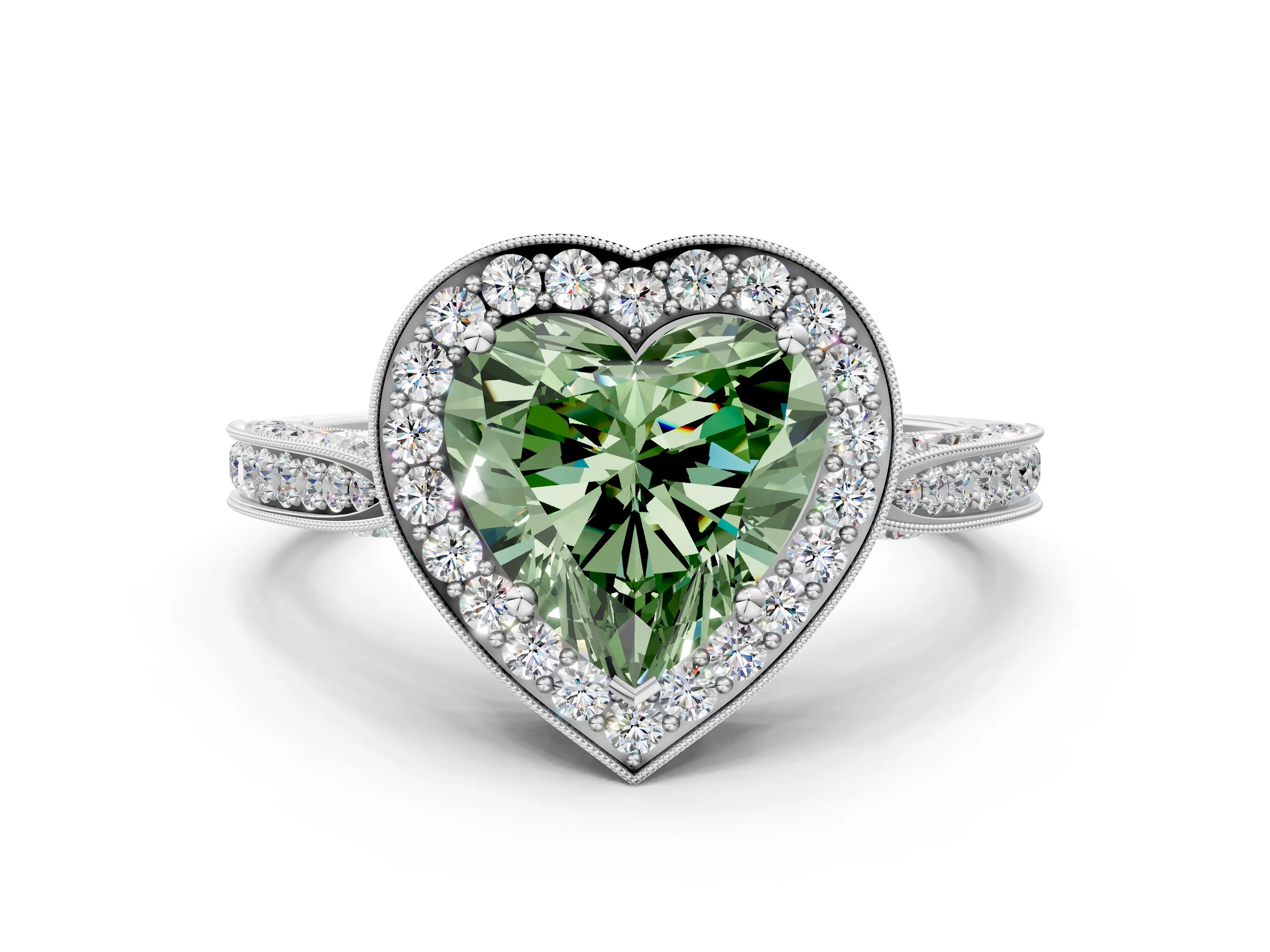White gold Fancy Green Heart Cut Halo Diamond Engagement Ring with Split Shank Band and Four-Prong Setting_12