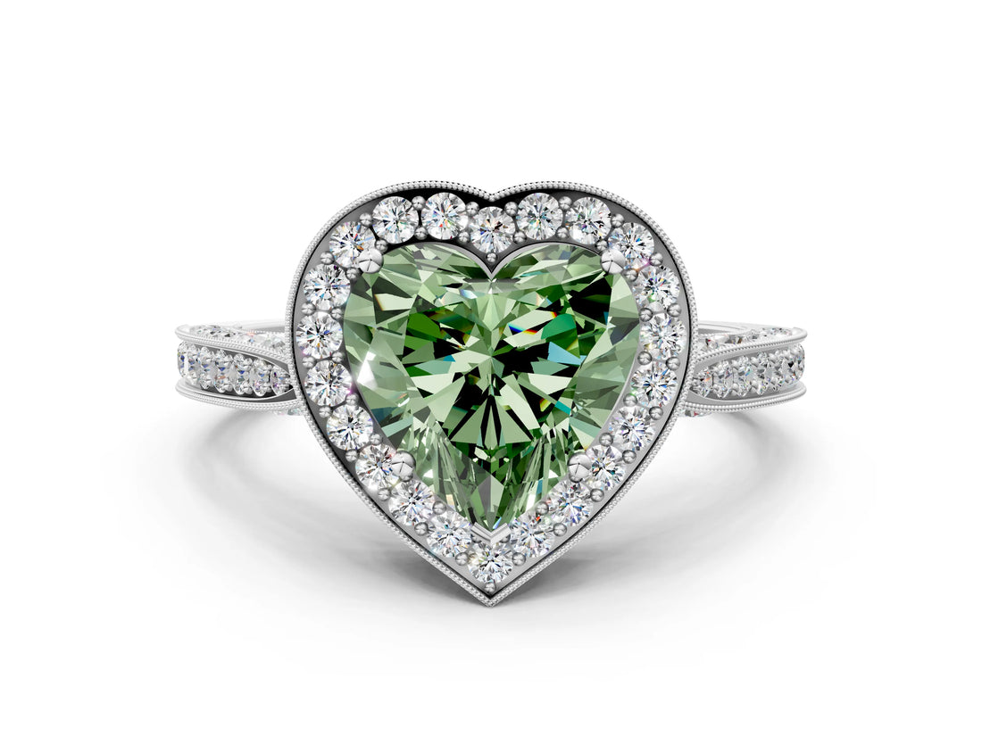White gold Fancy Green Heart Cut Halo Diamond Engagement Ring with Split Shank Band and Four-Prong Setting_12