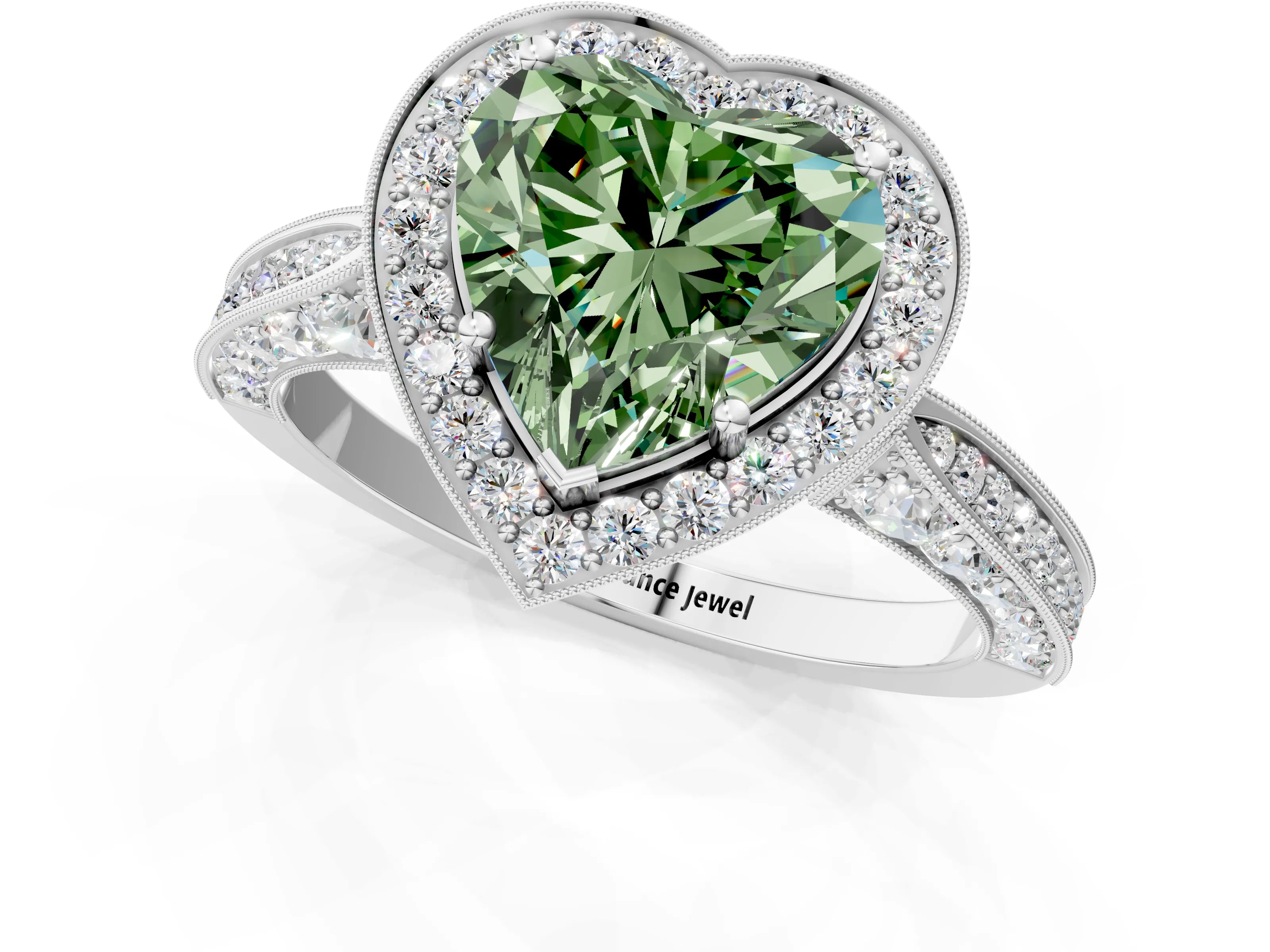 White gold Fancy Green Heart Cut Halo Diamond Engagement Ring with Split Shank Band and Four-Prong Setting_13