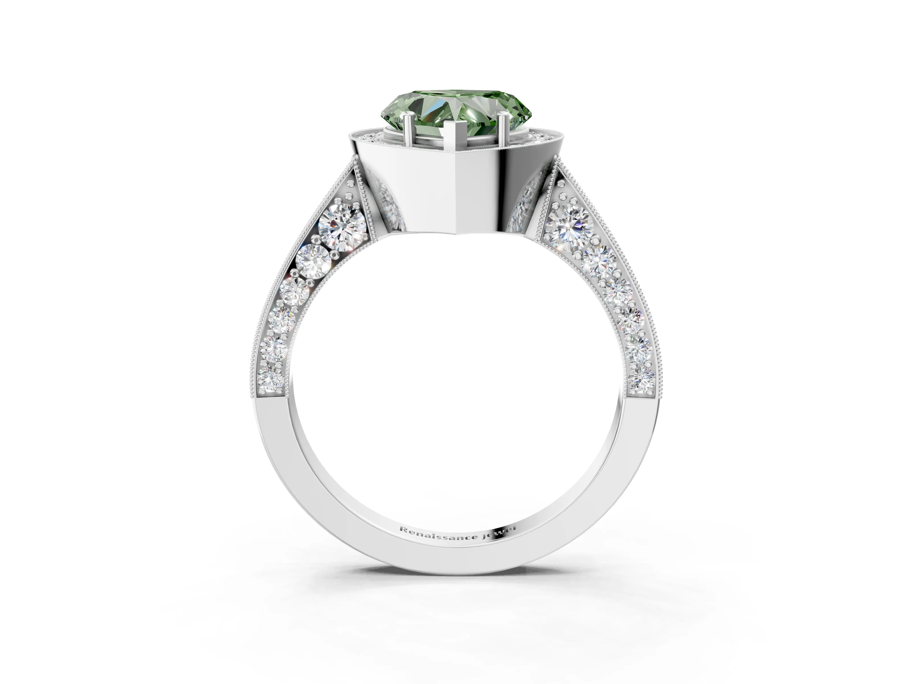White gold Fancy Green Heart Cut Halo Diamond Engagement Ring with Split Shank Band and Four-Prong Setting_15