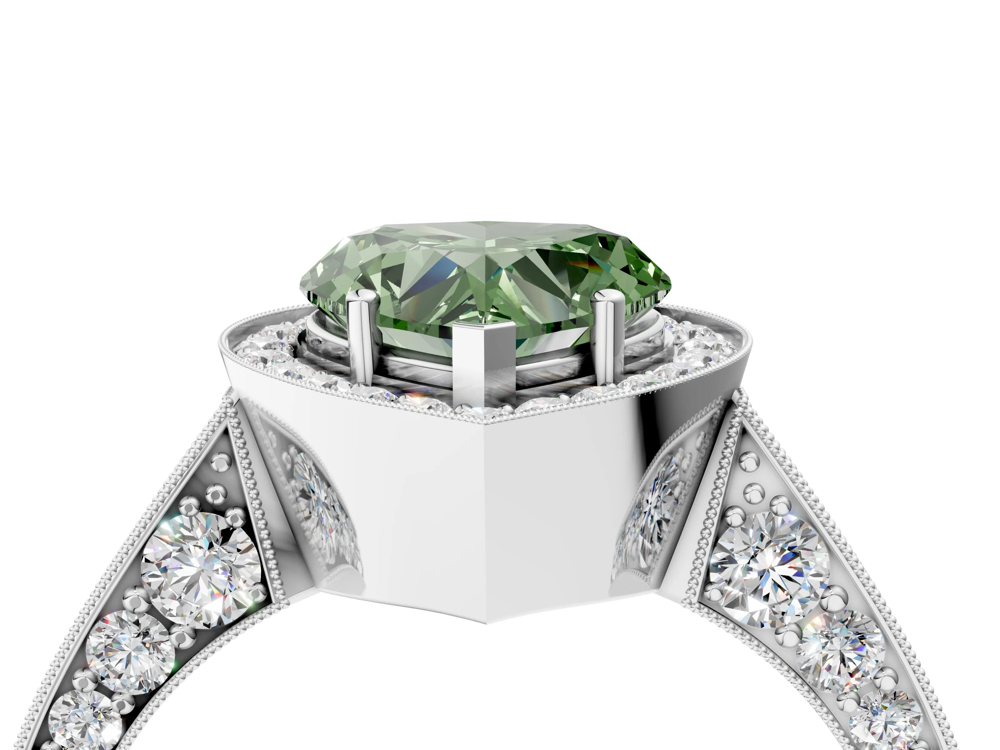 White gold Fancy Green Heart Cut Halo Diamond Engagement Ring with Split Shank Band and Four-Prong Setting_16
