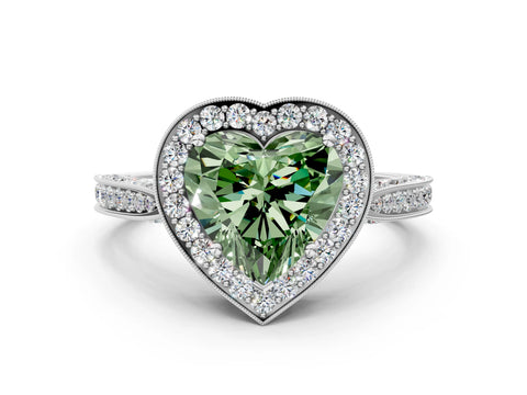White gold Fancy Green Heart Cut Halo Diamond Engagement Ring with Split Shank Band and Four-Prong Setting