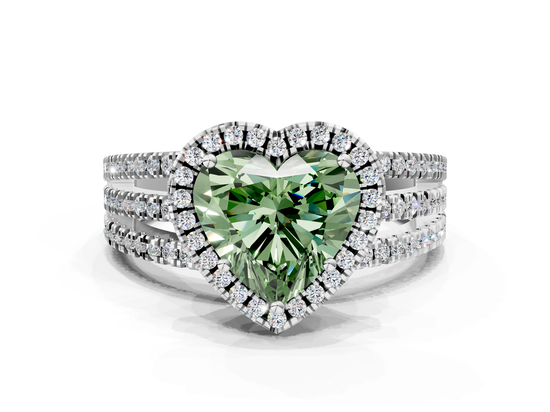 White gold Fancy Green Heart  Cut Halo Diamond Engagement Ring with Split Shank and Four-Prong Setting