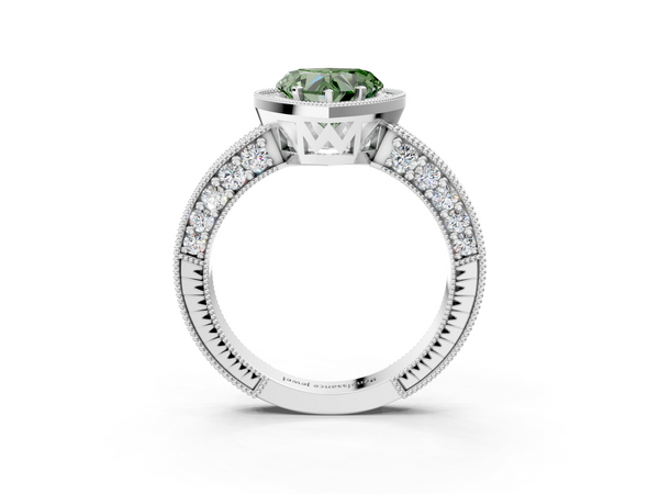 White gold Fancy Green Heart  Cut Halo Diamond Pave Band Ring with Four-Prong Setting