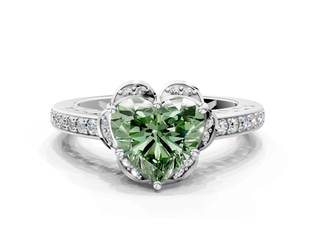 White gold Fancy Green Heart  Cut Halo Diamond Ring with Channel Set Band and Four-Prong Setting_29