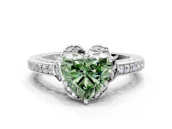 Platinum Fancy Green Heart  Cut Halo Diamond Ring with Channel Set Band and Four-Prong Setting