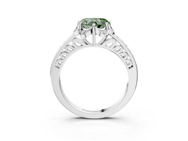 Platinum Fancy Green Heart  Cut Halo Diamond Ring with Channel Set Band and Four-Prong Setting