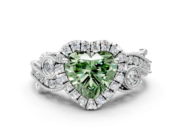 Platinum Fancy Green Heart Cut Halo Diamond Ring with Milgrain and Bezel Accents on a Split Shank Band