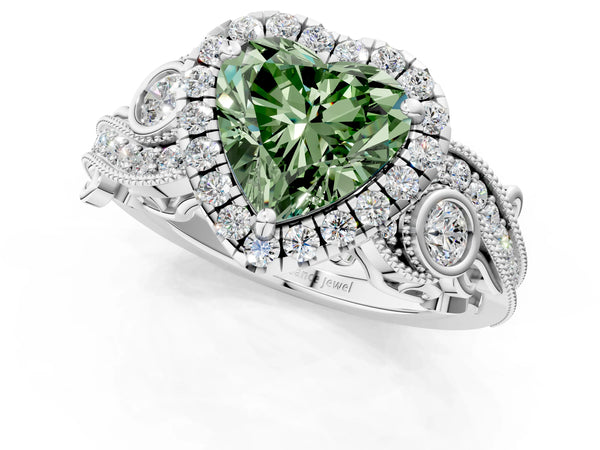 Platinum Fancy Green Heart Cut Halo Diamond Ring with Milgrain and Bezel Accents on a Split Shank Band
