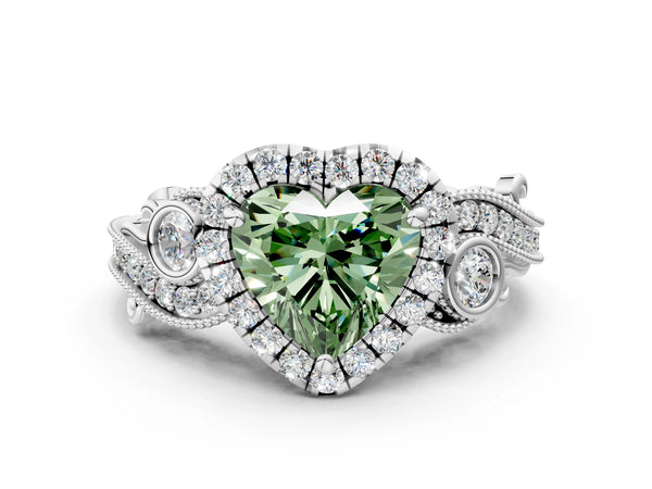 Platinum Fancy Green Heart Cut Halo Diamond Ring with Milgrain and Bezel Accents on a Split Shank Band