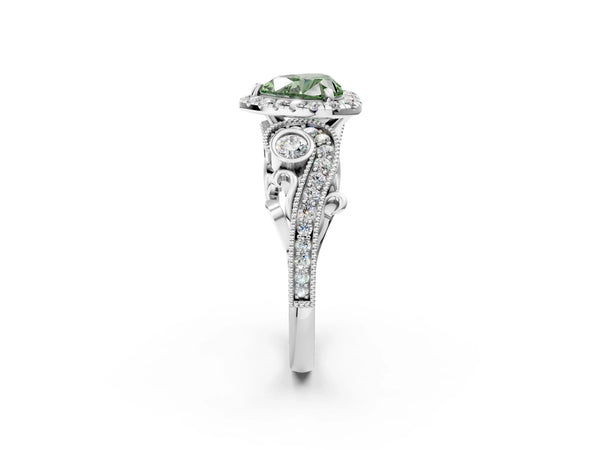 Platinum Fancy Green Heart Cut Halo Diamond Ring with Milgrain and Bezel Accents on a Split Shank Band
