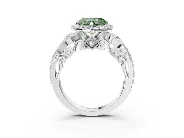 Platinum Fancy Green Heart Cut Halo Diamond Ring with Milgrain and Bezel Accents on a Split Shank Band