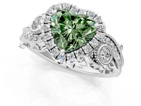 White gold Fancy Green Heart Cut Halo Diamond Ring with Milgrain and Bezel Accents on a Split Shank Band_1