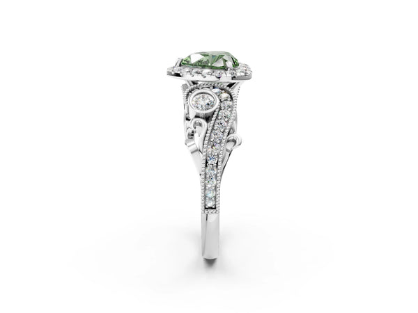 Platinum Fancy Green Heart Cut Halo Diamond Ring with Milgrain and Bezel Accents on a Split Shank Band