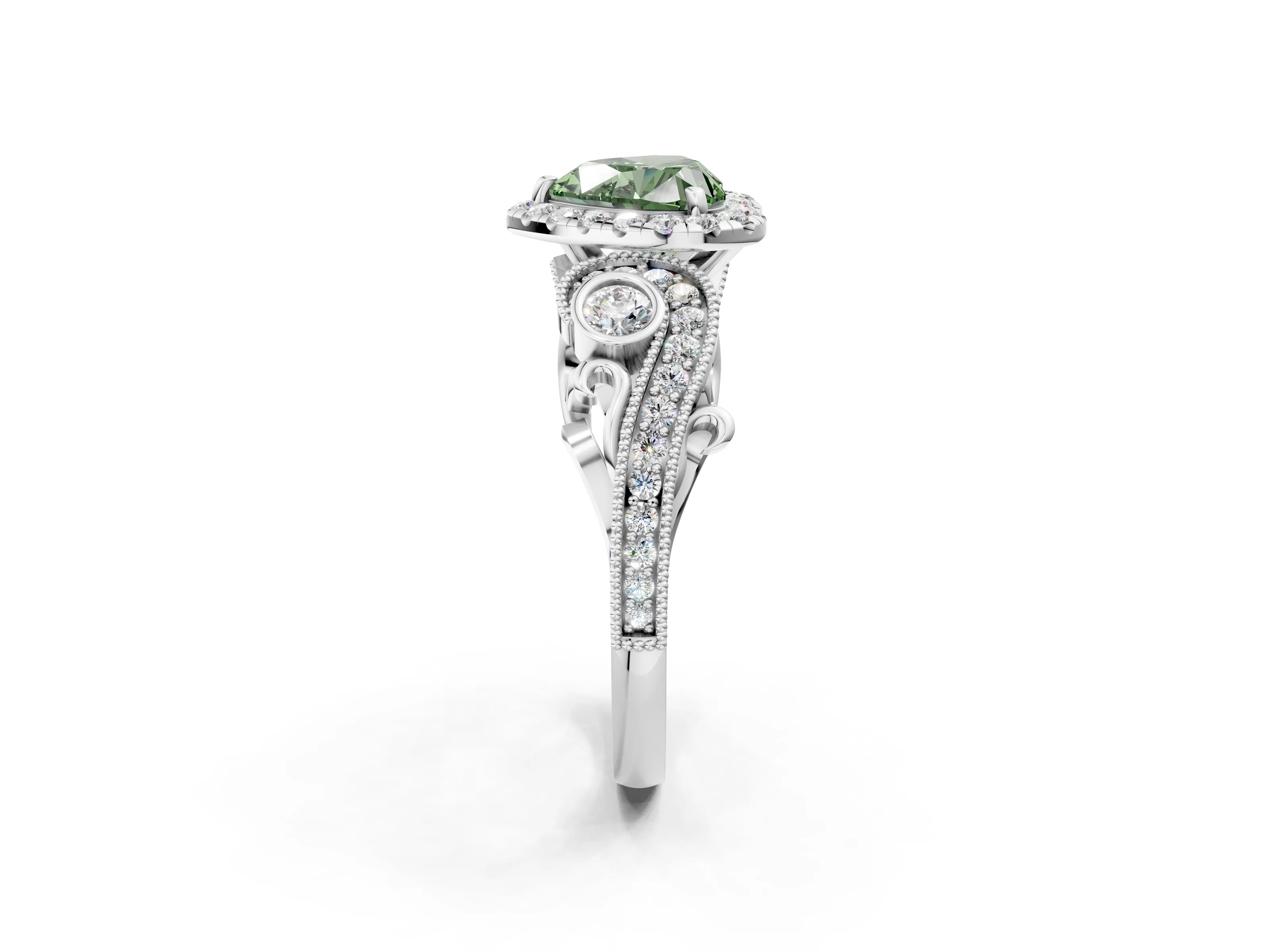 White gold Fancy Green Heart Cut Halo Diamond Ring with Milgrain and Bezel Accents on a Split Shank Band_2